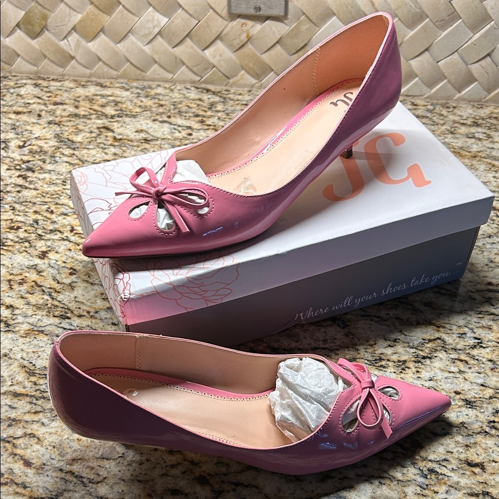 Women's Pretty ‘N Pink Patent Bow Detail Kitten Heel Pumps Size 11